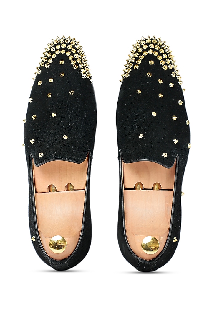 Black Leather Studded Slip-Ons by Vantier Fashion