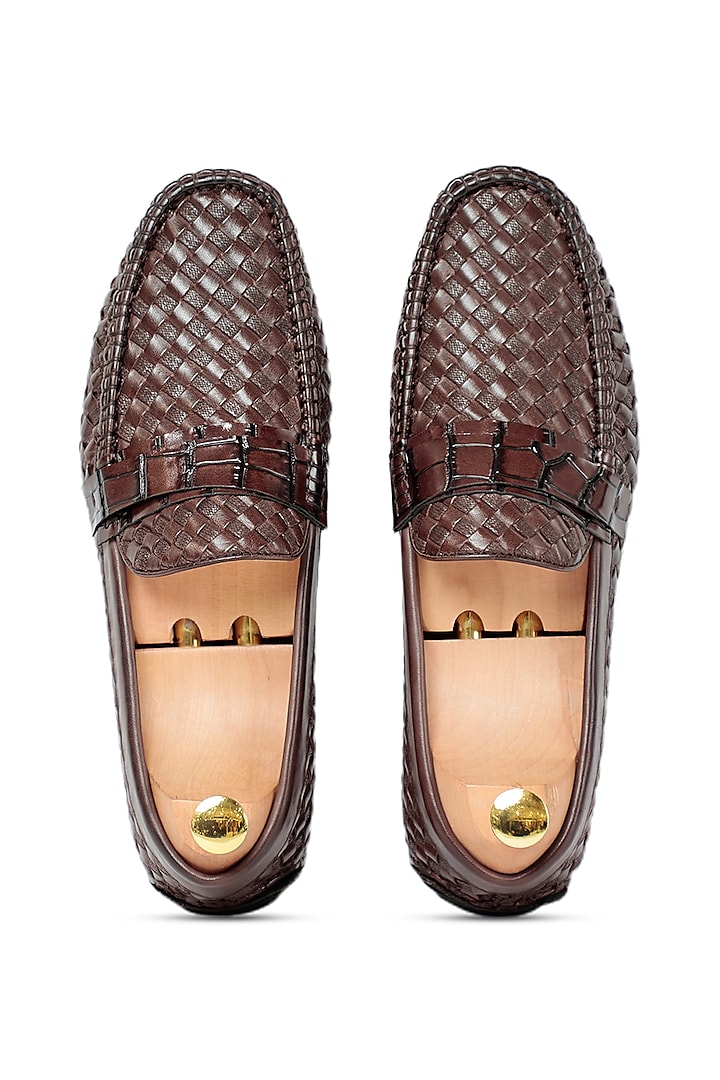 Coffee Leather Woven Loafers by Vantier Fashion