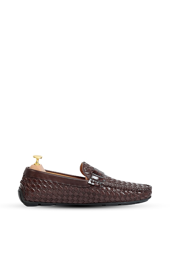 Coffee Leather Woven Loafers by Vantier Fashion at Pernia's Pop Up Shop