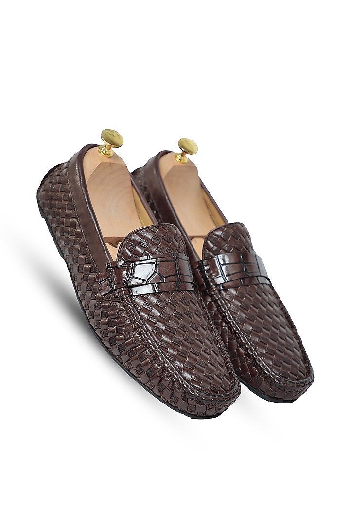 Coffee Leather Woven Loafers by Vantier Fashion at Pernia's Pop Up Shop