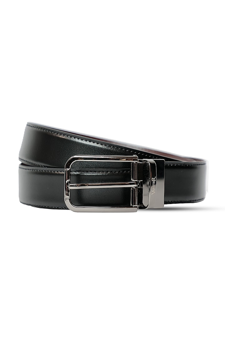 Black Leather Reversible Belt by Vantier Fashion