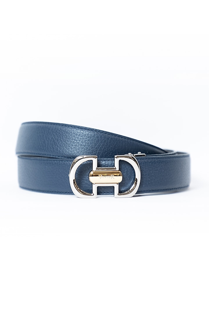 Blue & Black Leather Reversible Belt by Vantier Fashion