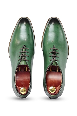 Green Leather Oxford Shoes by Vantier Fashion