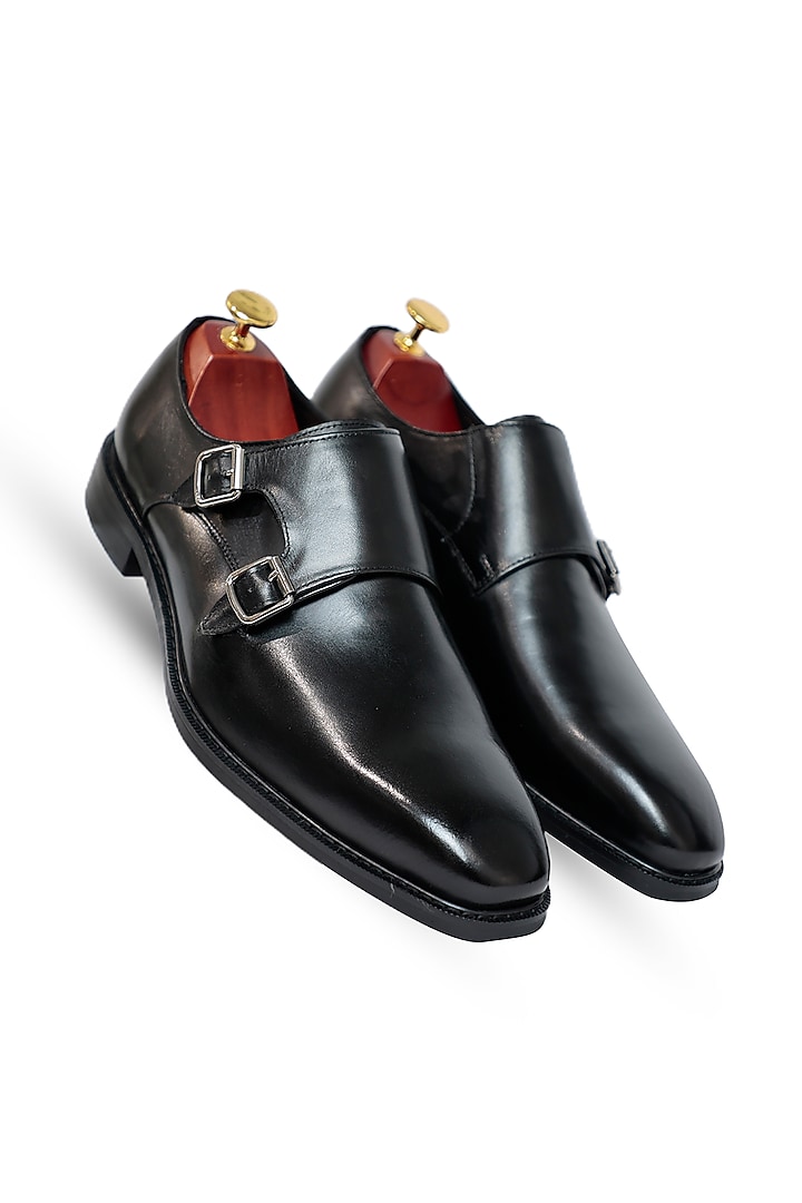 Black Leather Monk Strap Shoes by Vantier Fashion at Pernia's Pop Up Shop
