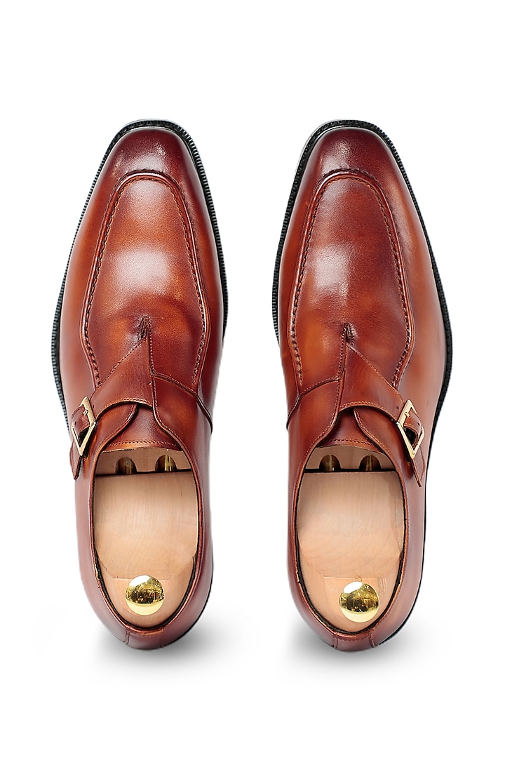 Brown Leather Monk Shoes by Vantier Fashion