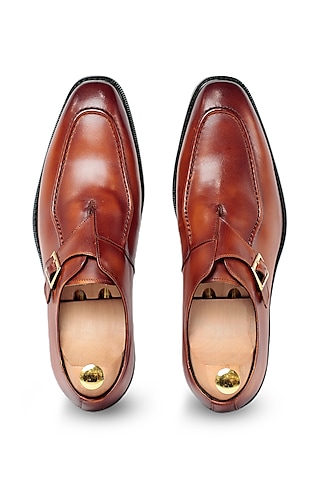 Brown Leather Monk Shoes by Vantier Fashion