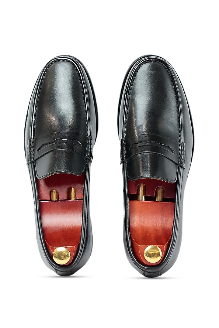 Black Leather Penny Loafers by Vantier Fashion