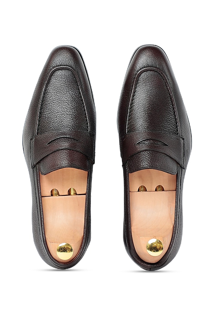 Coffee Leather Penny Loafers by Vantier Fashion