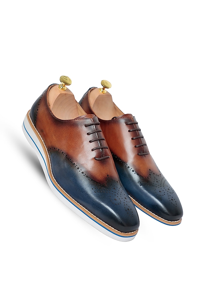 Blue & Brown Leather Oxford Shoes by Vantier Fashion at Pernia's Pop Up Shop