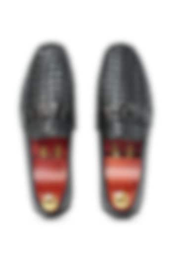 Black Leather Woven Loafers by Vantier Fashion