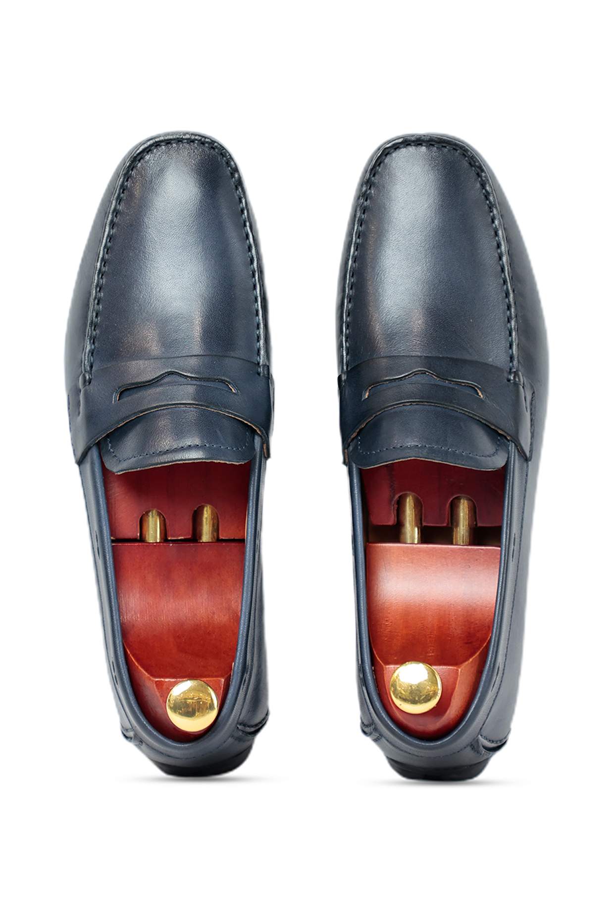 Navy Blue Leather Moccasins by Vantier Fashion