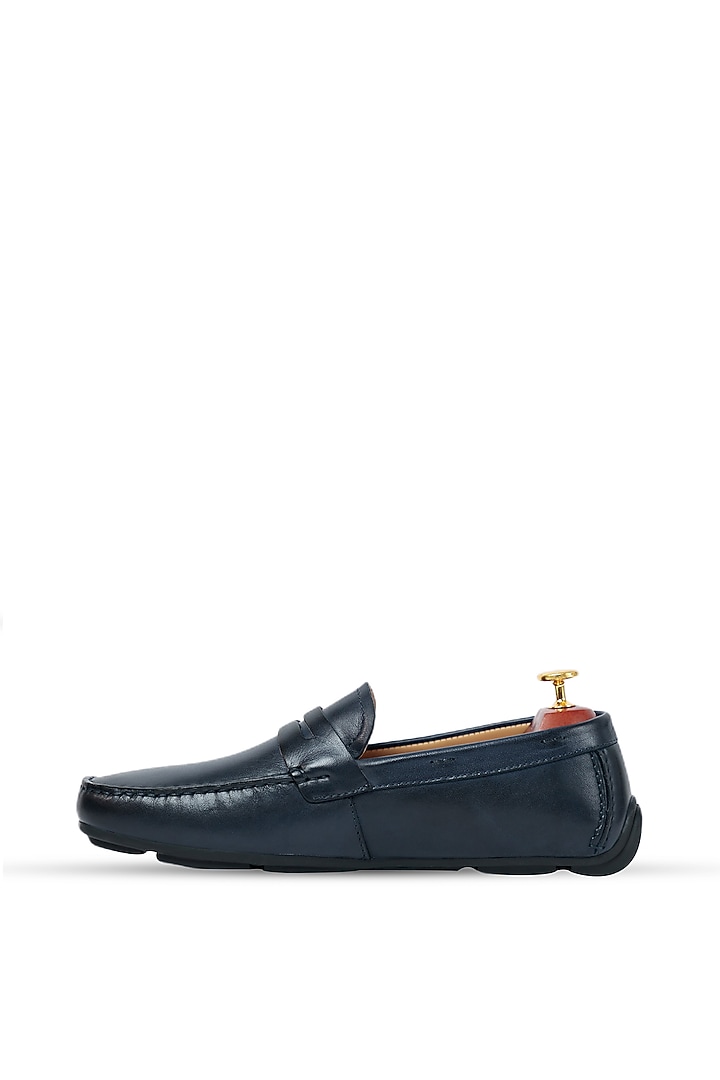 Navy Blue Leather Moccasins by Vantier Fashion at Pernia's Pop Up Shop