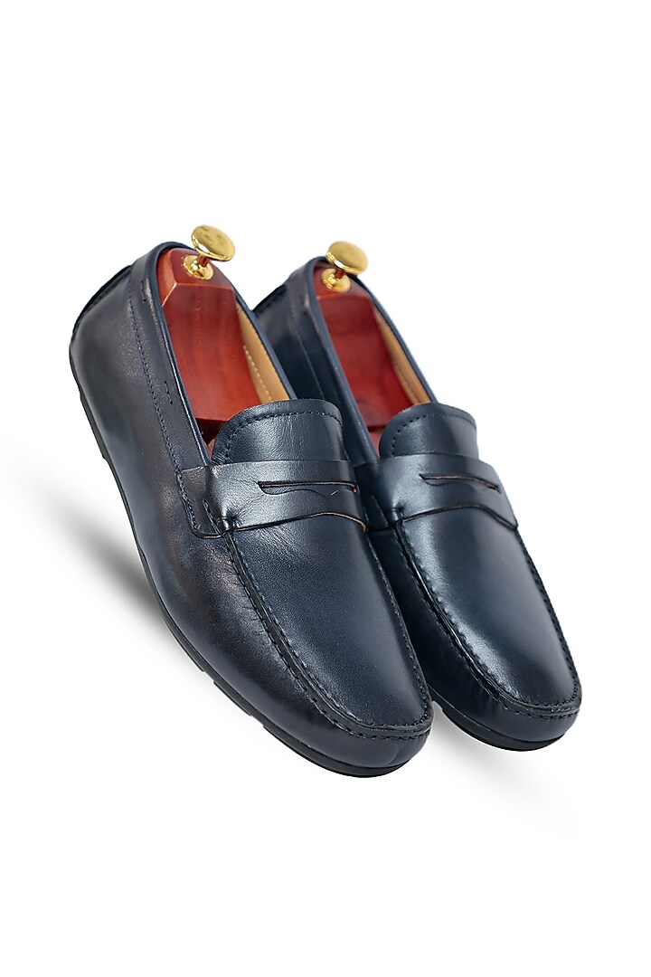 Navy Blue Leather Moccasins by Vantier Fashion at Pernia's Pop Up Shop