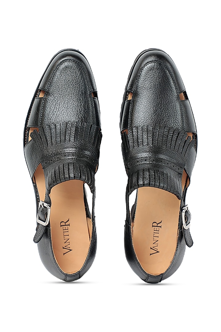 Black Leather Sandals by Vantier Fashion