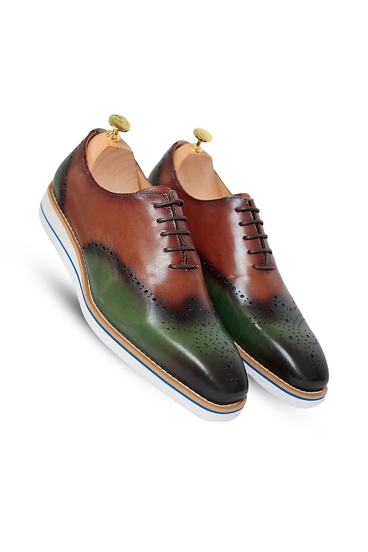 Green & Brown Leather Oxford Shoes by Vantier Fashion at Pernia's Pop Up Shop