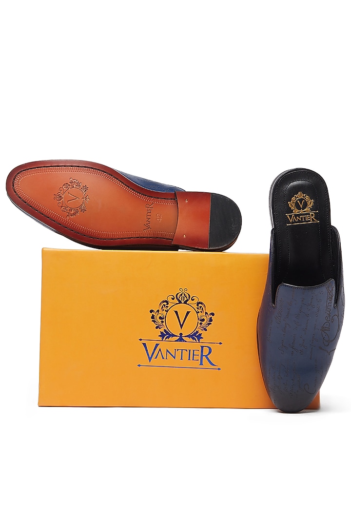 Blue Leather Handcrafted Mules by Vantier Fashion at Pernia's Pop Up Shop