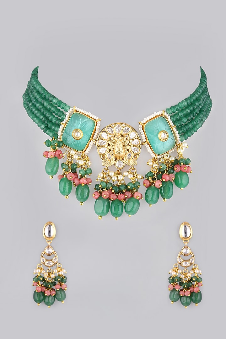 Gold Finish Kundan Polki & Green Beaded Choker Necklace by VASTRAA Jewellery at Pernia's Pop Up Shop