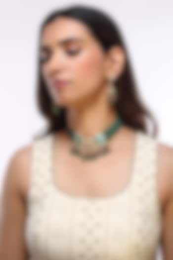 Gold Finish Kundan Polki & Green Beaded Choker Necklace by VASTRAA Jewellery at Pernia's Pop Up Shop