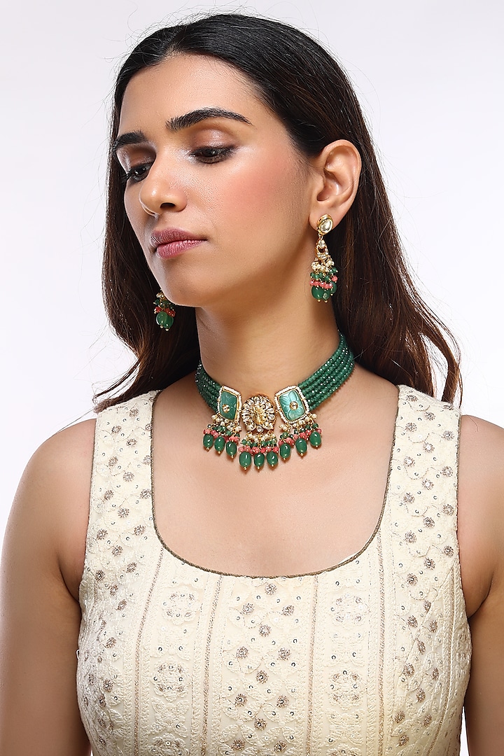 Gold Finish Kundan Polki & Green Beaded Choker Necklace by VASTRAA Jewellery at Pernia's Pop Up Shop