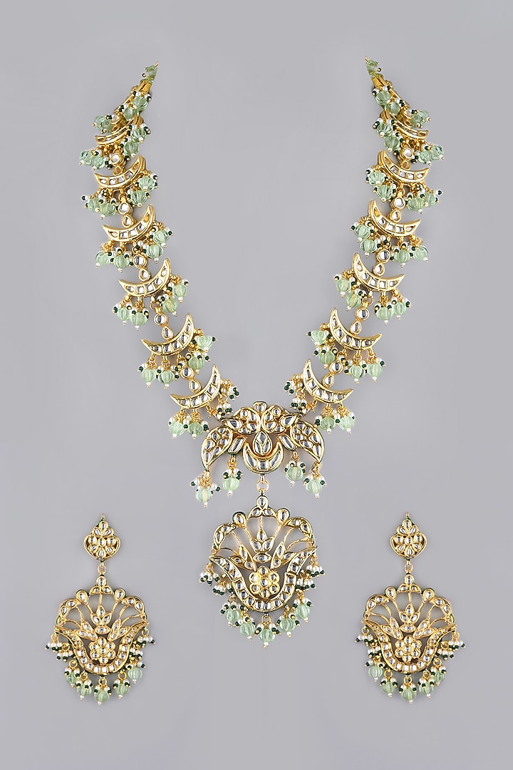 Gold Finish Kundan Polki & Mint Beaded Long Necklace by VASTRAA Jewellery at Pernia's Pop Up Shop