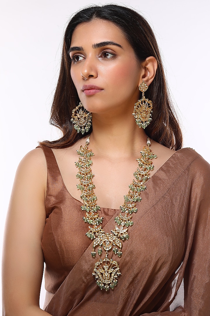 Gold Finish Kundan Polki & Mint Beaded Long Necklace by VASTRAA Jewellery at Pernia's Pop Up Shop