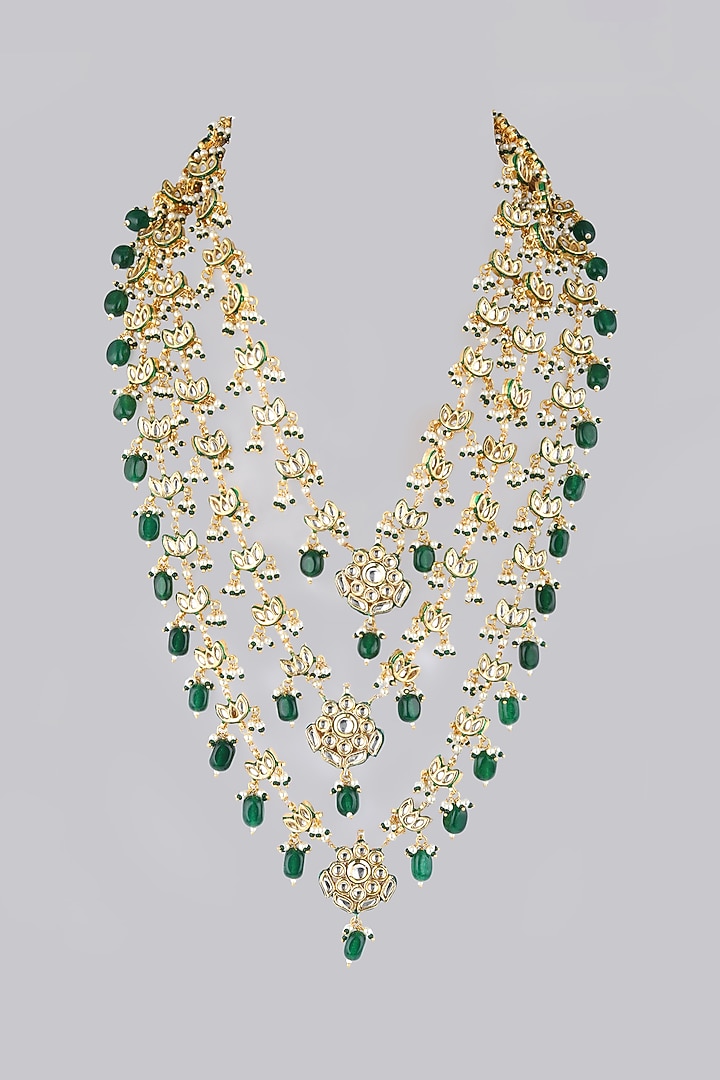Gold Finish Green Drops Layered Necklace by VASTRAA Jewellery at Pernia's Pop Up Shop