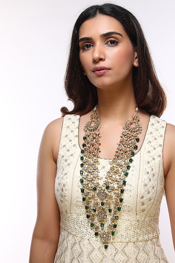 Gold Finish Green Drops Layered Necklace by VASTRAA Jewellery