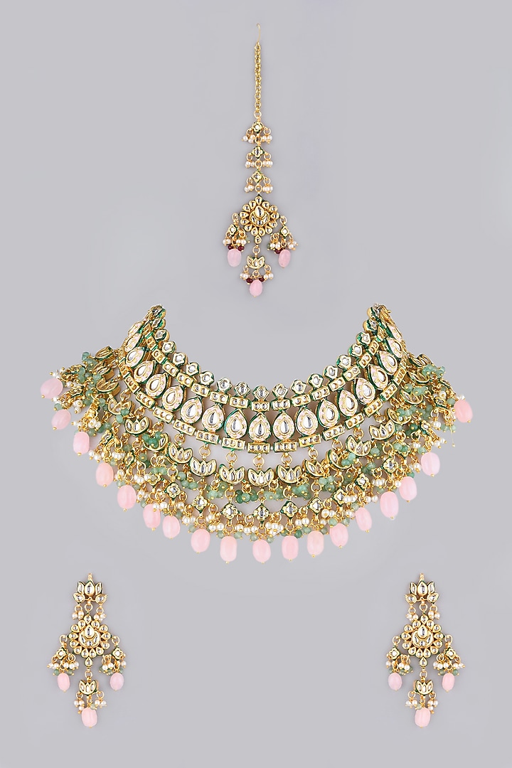 Gold Finish Kundan Polki & Mint Beaded Choker Necklace by VASTRAA Jewellery at Pernia's Pop Up Shop