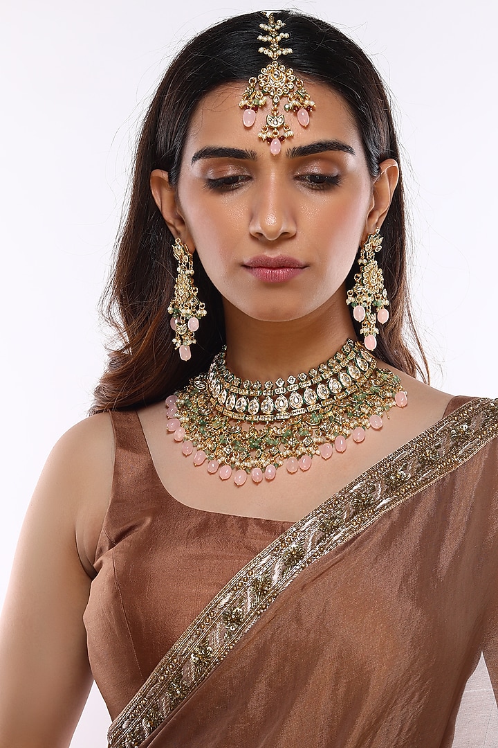 Gold Finish Kundan Polki & Mint Beaded Choker Necklace by VASTRAA Jewellery at Pernia's Pop Up Shop
