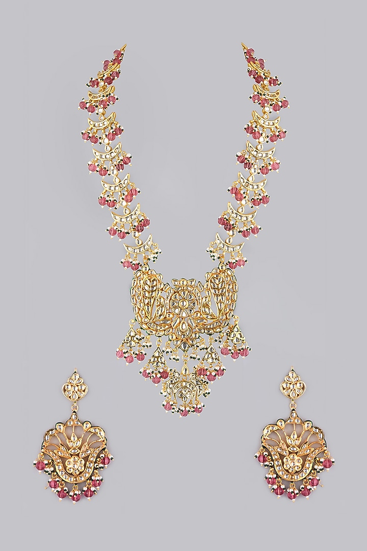Gold Finish Kundan Polki & Pink Beaded Necklace by VASTRAA Jewellery at Pernia's Pop Up Shop