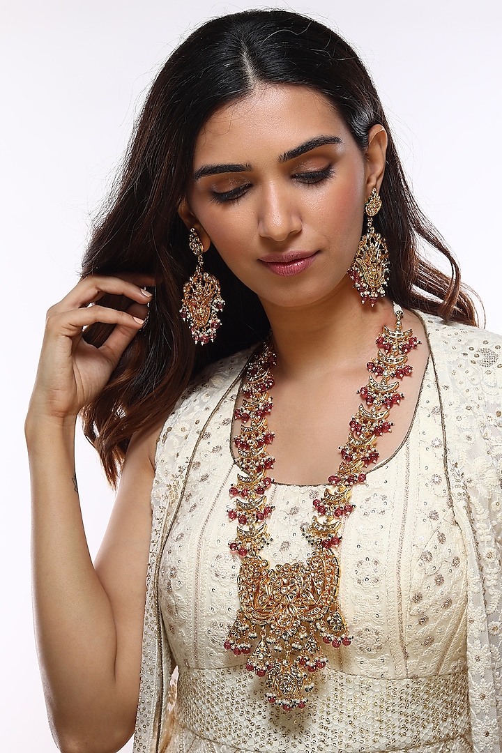 Gold Finish Kundan Polki & Pink Beaded Necklace by VASTRAA Jewellery