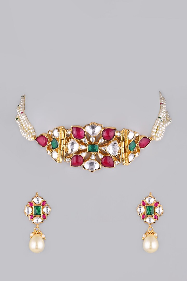 Gold Finish Pearls & Kundan Polki Choker Necklace by VASTRAA Jewellery at Pernia's Pop Up Shop