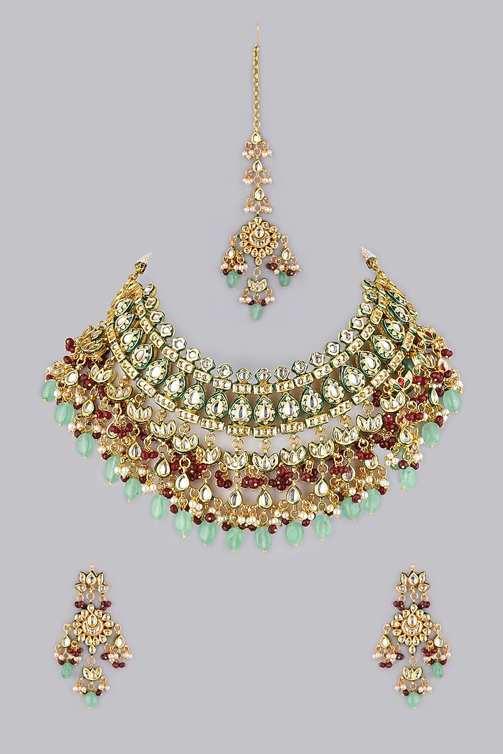Gold Finish Kundan Polki & Red Beaded Choker Necklace Set by VASTRAA Jewellery at Pernia's Pop Up Shop