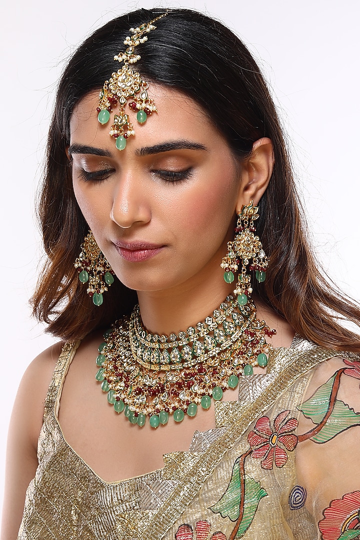 Gold Finish Kundan Polki & Red Beaded Choker Necklace Set by VASTRAA Jewellery at Pernia's Pop Up Shop
