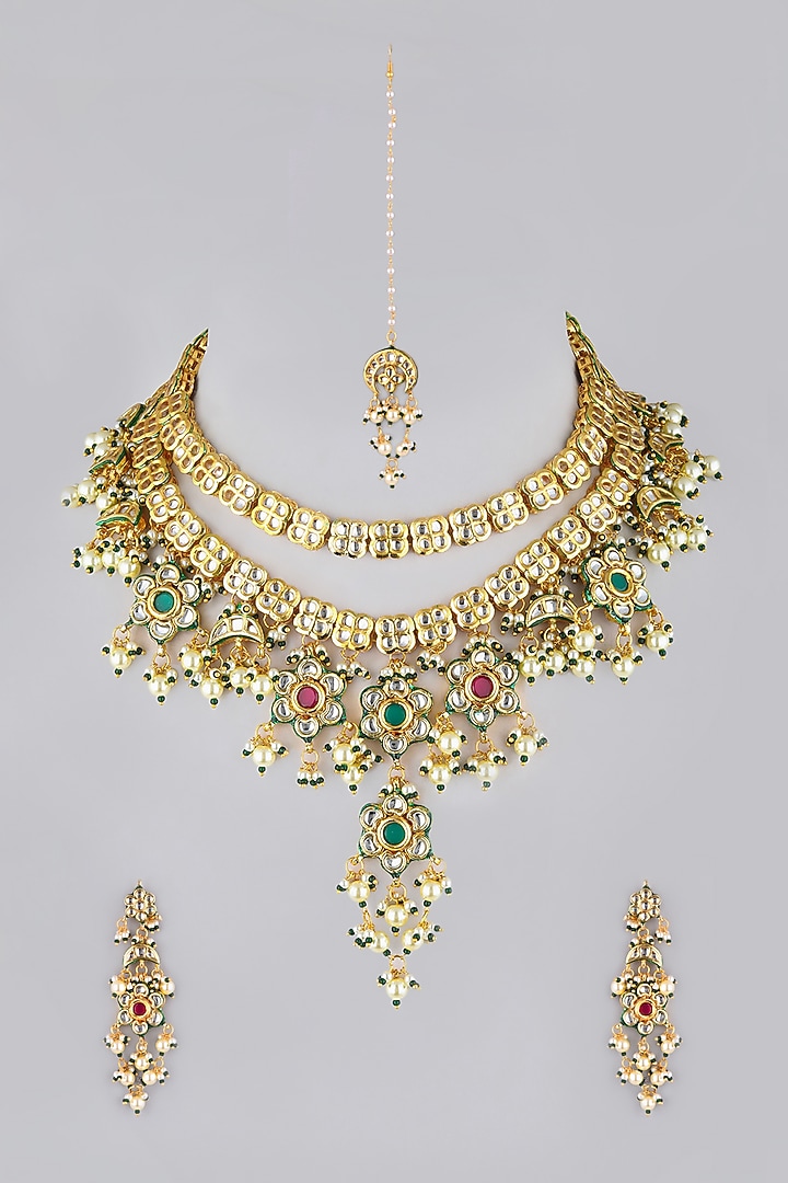 Gold Finish Kundan Polki & Pearls Choker Necklace by VASTRAA Jewellery at Pernia's Pop Up Shop
