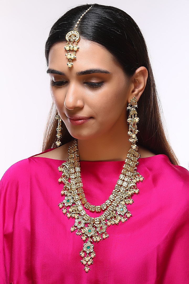 Gold Finish Kundan Polki & Pearls Choker Necklace by VASTRAA Jewellery at Pernia's Pop Up Shop
