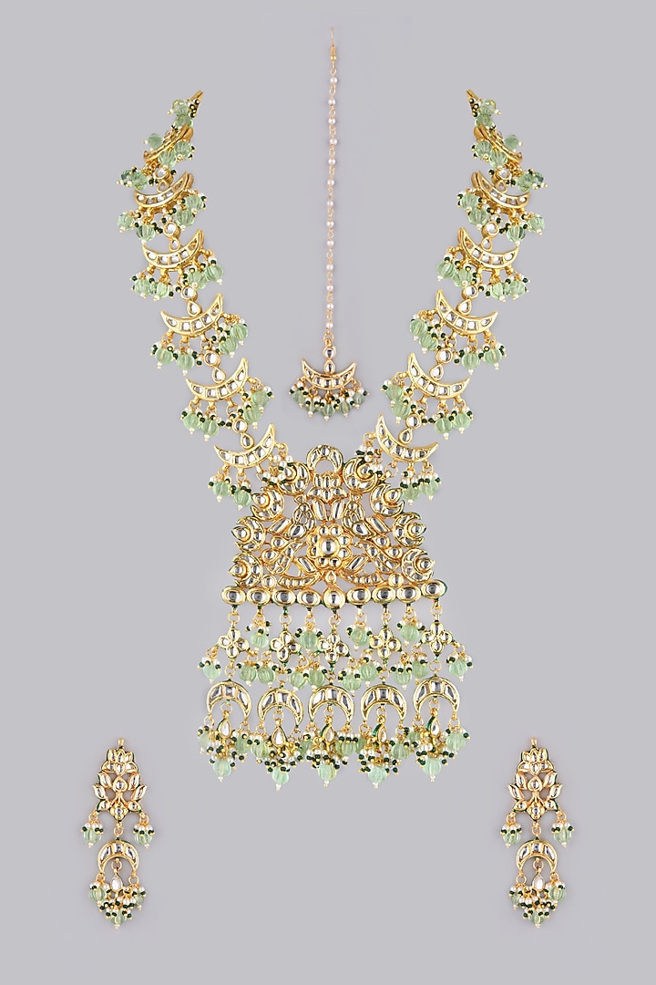 Gold Finish Kundan Polki & Mint Green Beaded Long Necklace by VASTRAA Jewellery at Pernia's Pop Up Shop