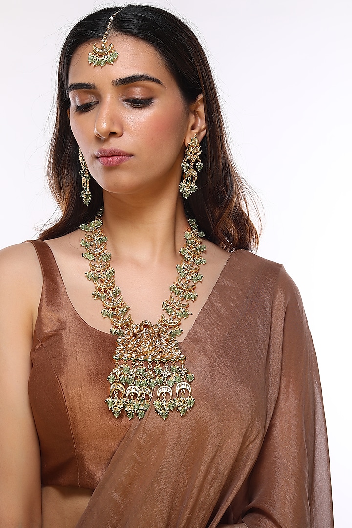 Gold Finish Kundan Polki & Mint Green Beaded Long Necklace by VASTRAA Jewellery at Pernia's Pop Up Shop