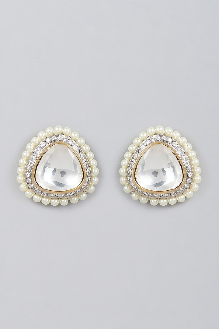 Gold Finish Kundan Polki & Zircon Stud Earrings by VASTRAA Jewellery at Pernia's Pop Up Shop