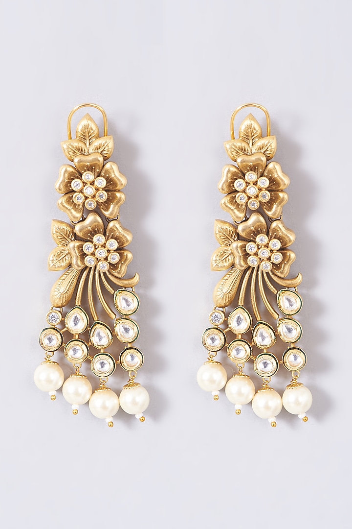 Antique Gold Finish Pearl Temple Dangler Earrings by VASTRAA Jewellery at Pernia's Pop Up Shop