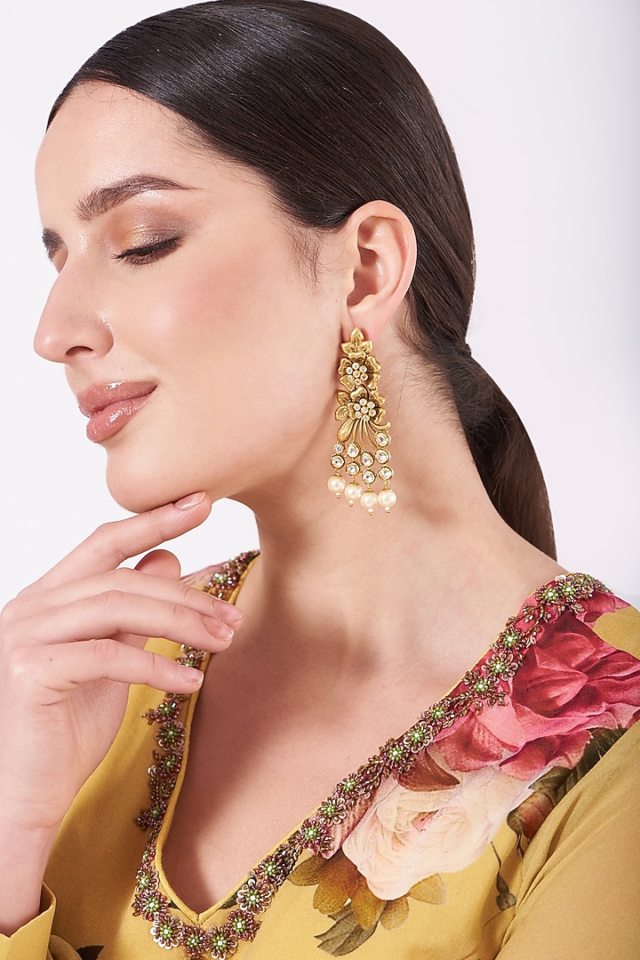 Antique Gold Finish Pearl Temple Dangler Earrings by VASTRAA Jewellery at Pernia's Pop Up Shop