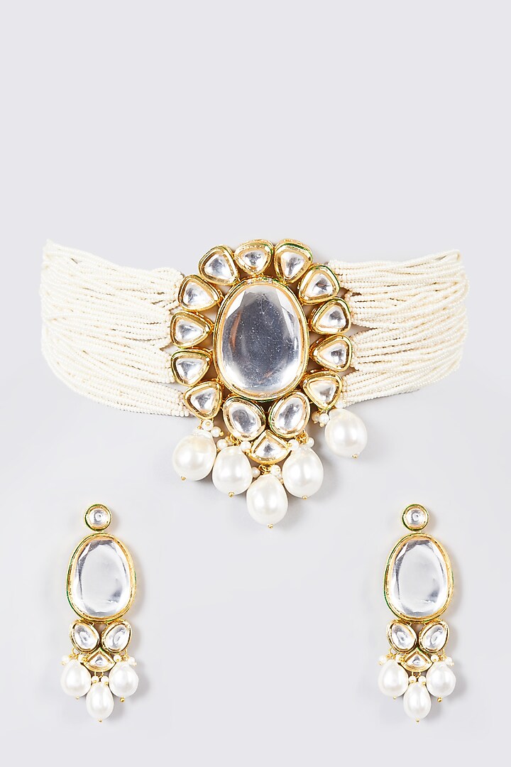 Gold Finish Kundan Motifs & Pearl Choker Necklace Set by VASTRAA Jewellery at Pernia's Pop Up Shop