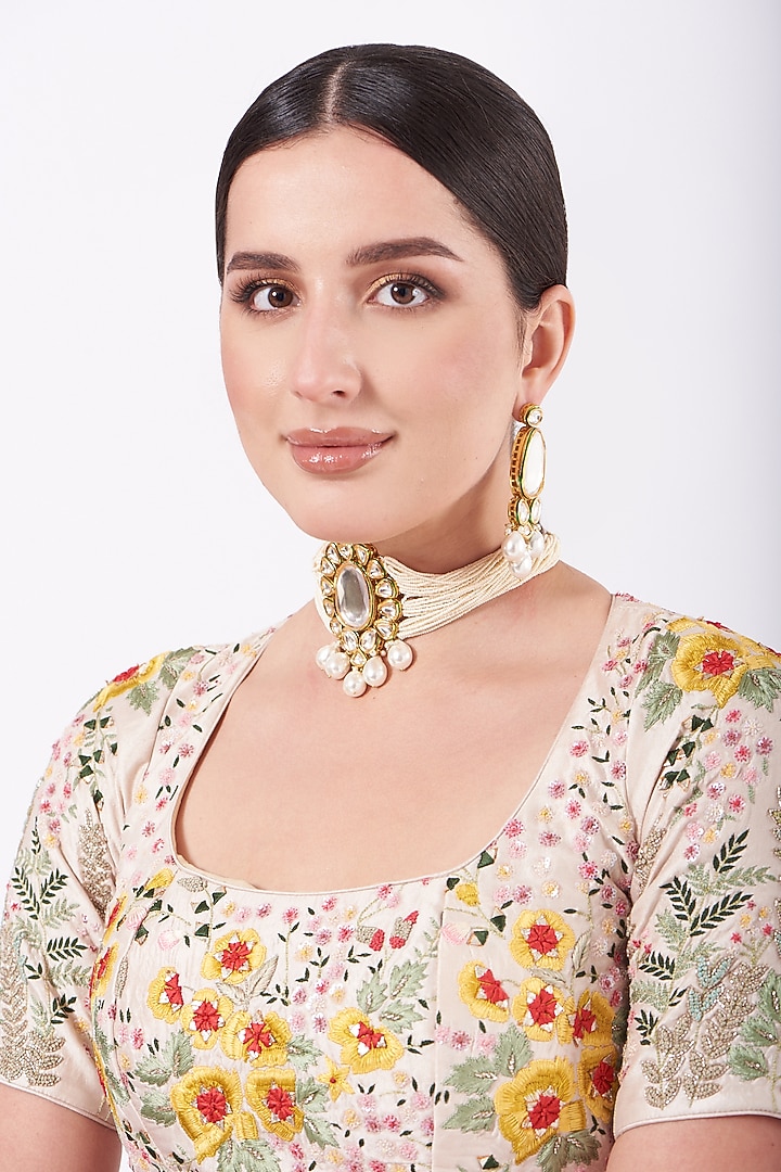Gold Finish Kundan Motifs & Pearl Choker Necklace Set by VASTRAA Jewellery at Pernia's Pop Up Shop