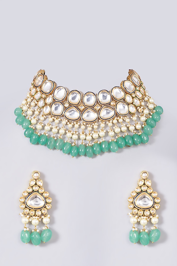 Gold Finish Kundan Polki & Mint Green Stone Necklace Set by VASTRAA Jewellery at Pernia's Pop Up Shop