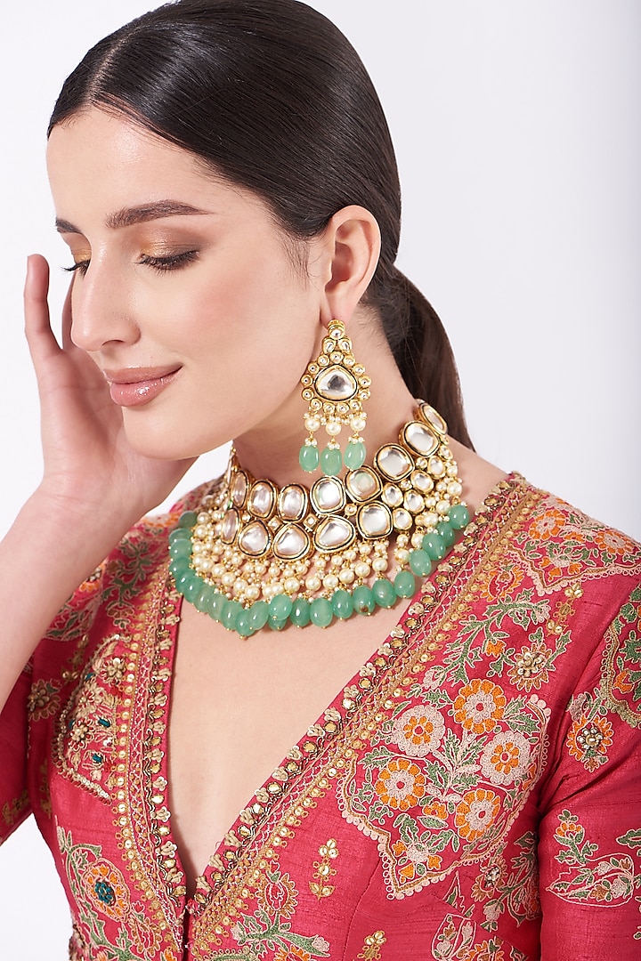 Gold Finish Kundan Polki & Mint Green Stone Necklace Set by VASTRAA Jewellery at Pernia's Pop Up Shop