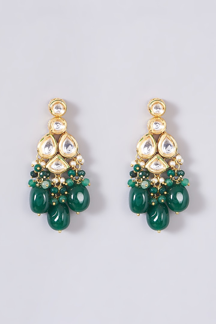 Gold Finish Kundan Polki & Green Drops Necklace Set by VASTRAA Jewellery at Pernia's Pop Up Shop