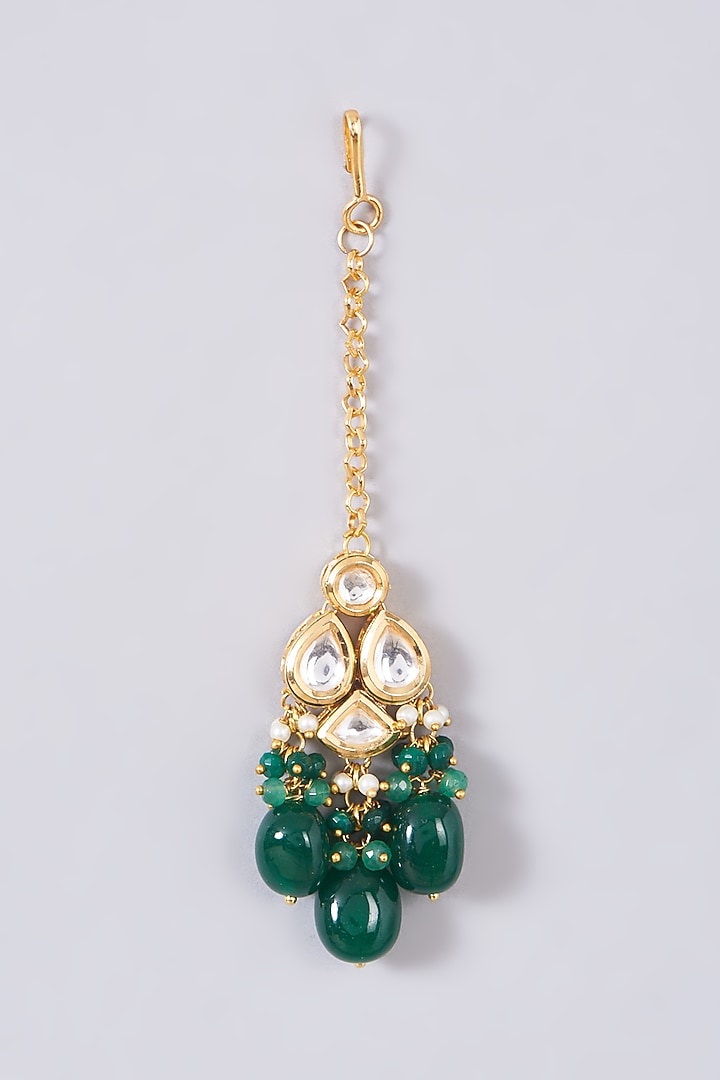Gold Finish Kundan Polki & Green Drops Necklace Set by VASTRAA Jewellery at Pernia's Pop Up Shop