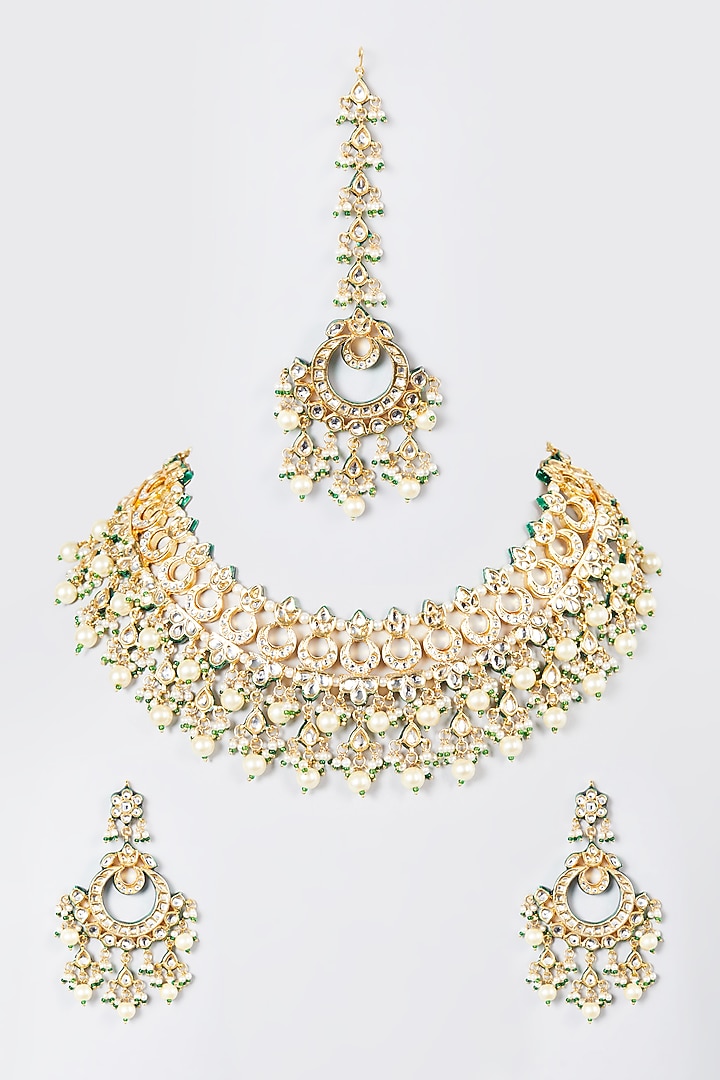 Gold Finish Kundan Polki & Pearl Drops Necklace Set by VASTRAA Jewellery at Pernia's Pop Up Shop