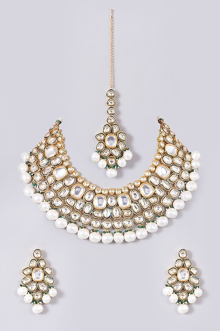 Gold Finish Kundan Polki & Pearl Necklace Set by VASTRAA Jewellery at Pernia's Pop Up Shop