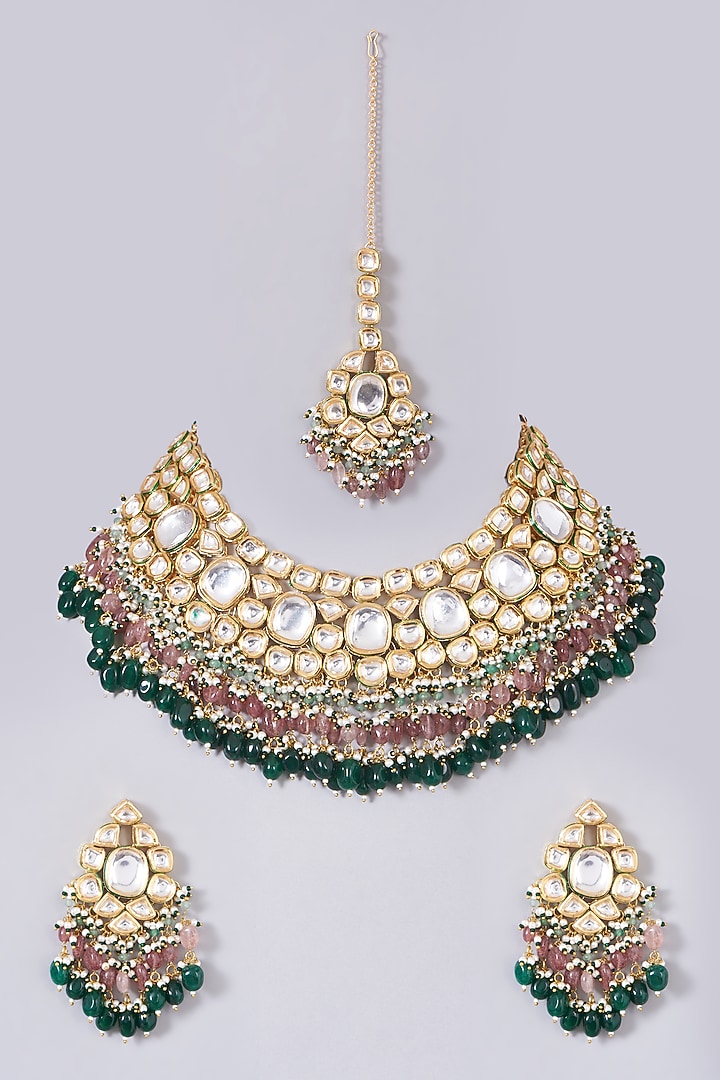 Gold Finish Kundan Polki & Multi-Colored Beaded Necklace Set by VASTRAA Jewellery at Pernia's Pop Up Shop